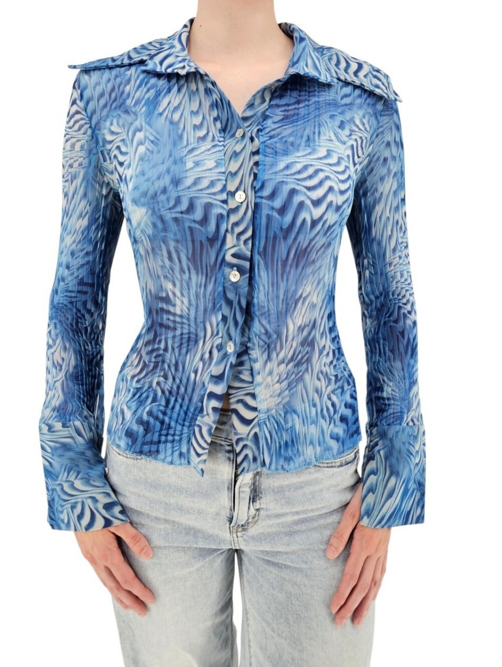 Vintage Y2K Blue Abstract Mesh Blouse Fitted Button Up Italian S/M